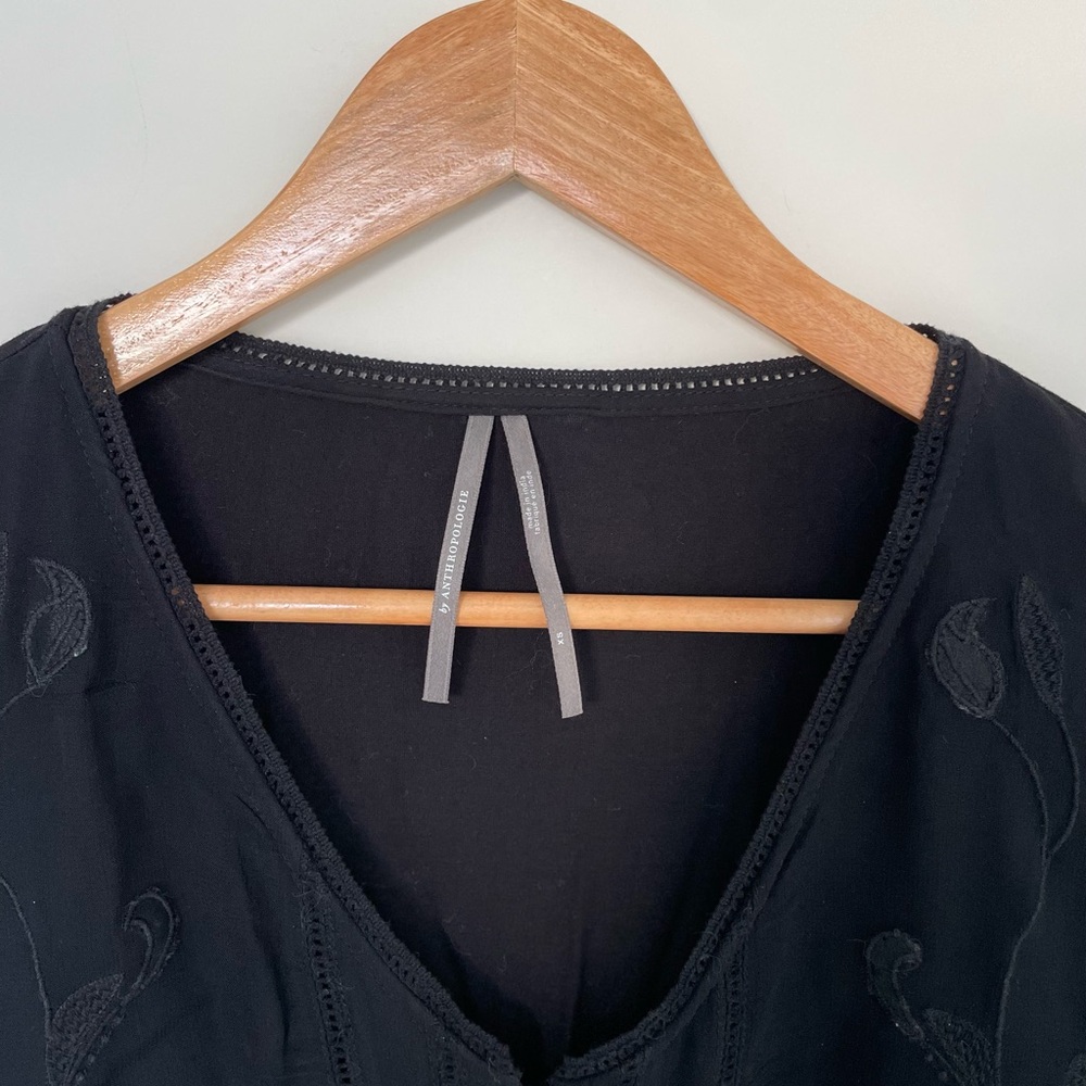 Anthro Black Sheer Embroidered Blouse | Boho Romantic Top XS - Picture 3 of 4